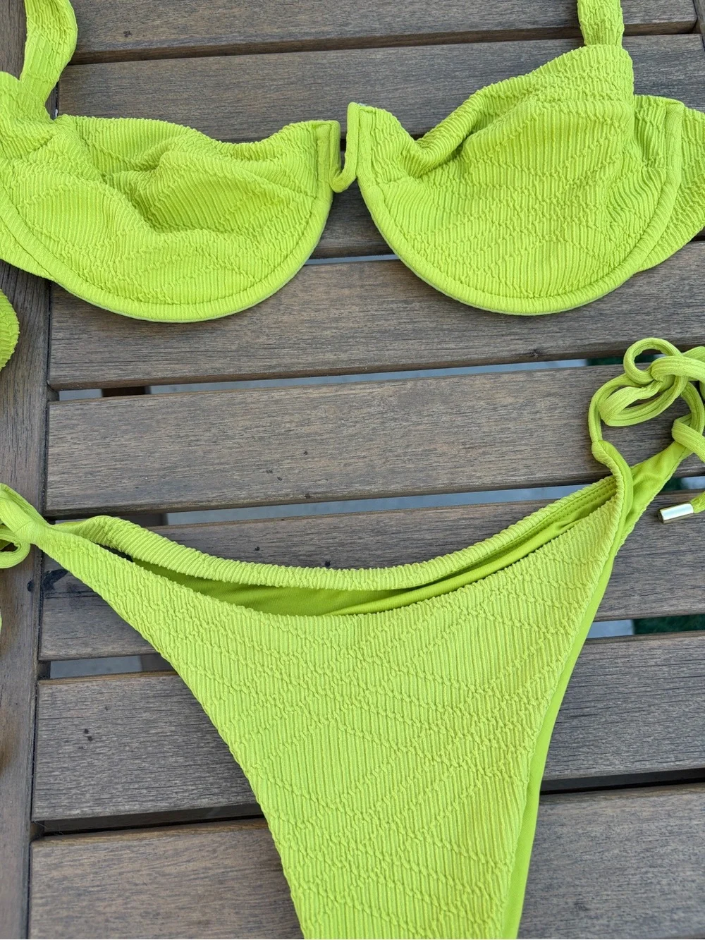 Monday Swimwear Neon Lime Crinkle Bikini Set Size VV